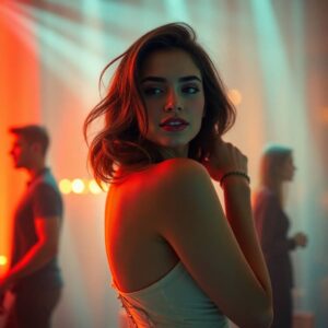 Frau blickt neugierig