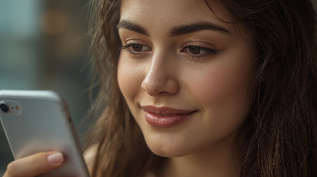 Frau lächelt über eine Nachricht, die eindeutig nach KI klingt. AI Dating Tipps für Männer: Wie du Dating KI nutzt, ohne deine Privatsphäre zu verlieren