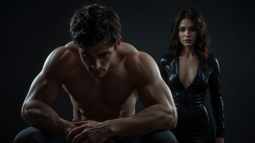 Devoter Mann in respektvoller Haltung kniet vor einer Domina – Fokus auf Körpersprache und Unterwerfung.