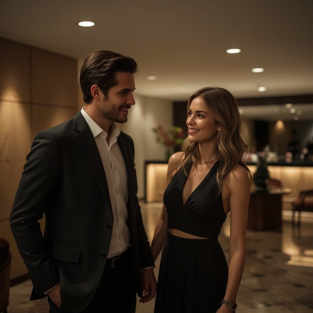 Paar trifft sich diskret in der Lobby eines Hotels