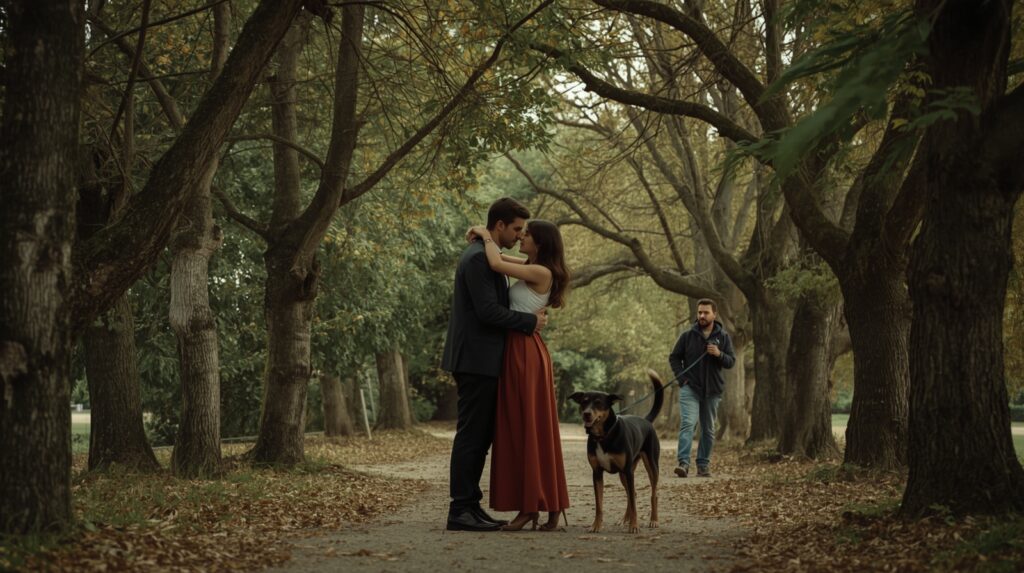 Paar wird beim leidenschaftlichen Moment im Park überrascht, als ein Mann mit Hund vorbeigeht