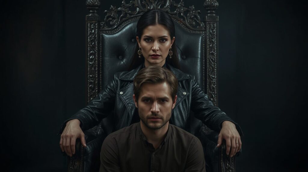 Elegante Domina auf einem Thron mit kniendem Mann im Vordergrund – Symbol für Respekt und Machtbalance im BDSM.