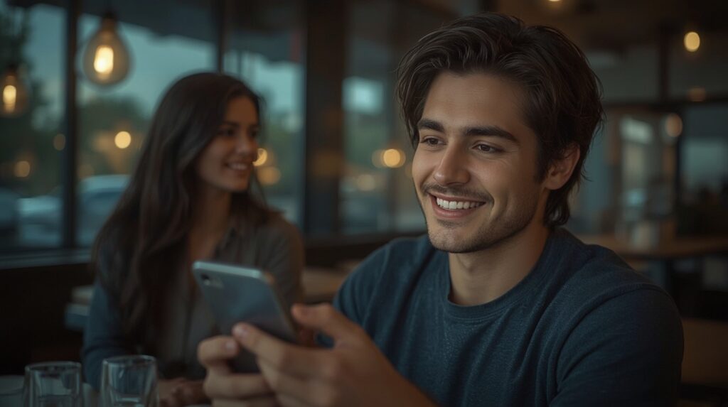 Ein selbstbewusster Mann sitzt in einem Café und flirtet über sein Smartphone. Er lächelt leicht, während eine Frau im Hintergrund neugierig zu ihm blickt. Das Bild vermittelt Spannung, Charme und die Kunst, mit Worten zu verführen.