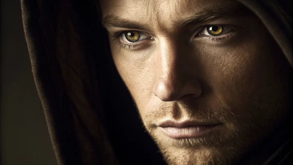 Ein devoter Mann blickt ruhig und loyal in die Ferne – Symbol für emotionale Hingabe und Vertrauen.