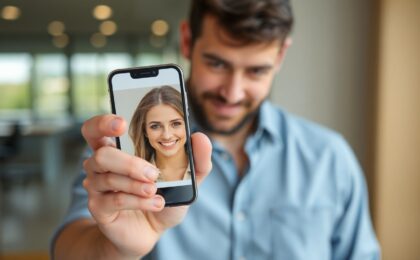 Männer beim Online-Dating - Ein Smartphone zeigt einen flirtenden Chat zwischen Mann und Frau. Die charmanten Nachrichten des Mannes wecken Neugier und Interesse. Das Motiv steht für emotionale Intelligenz und erfolgreiche Online-Kommunikation.
