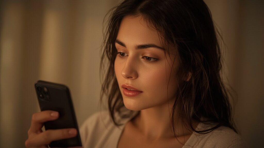Frau reagiert neugierig auf eine WhatsApp Nachricht. Dirty Whatsapp Spiele