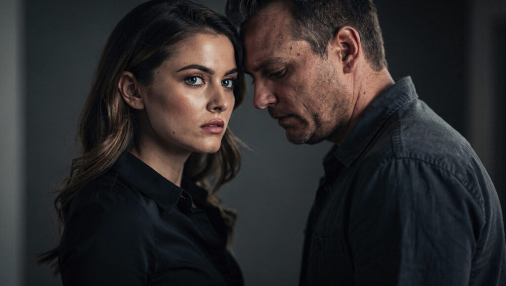 Herrin steht vor einem devoten Mann der den Blick senkt, verborgene Rollen eines devoten Mannes