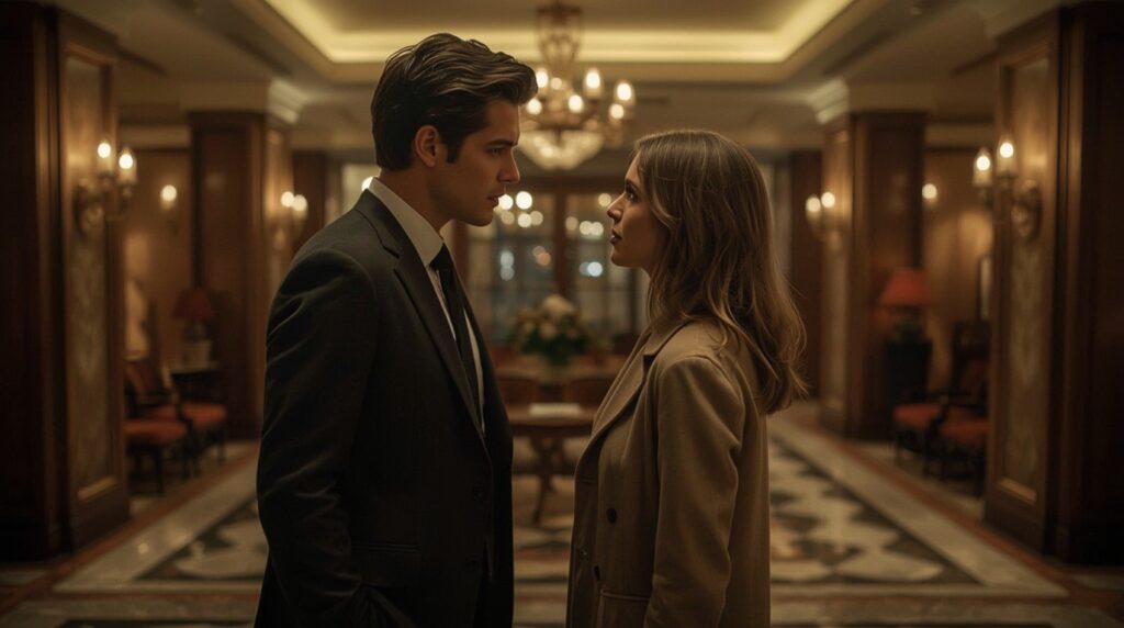 Mann und Frau stehen sich nah gegenüber und erzeugen erotische Spannung ohne Berührung.