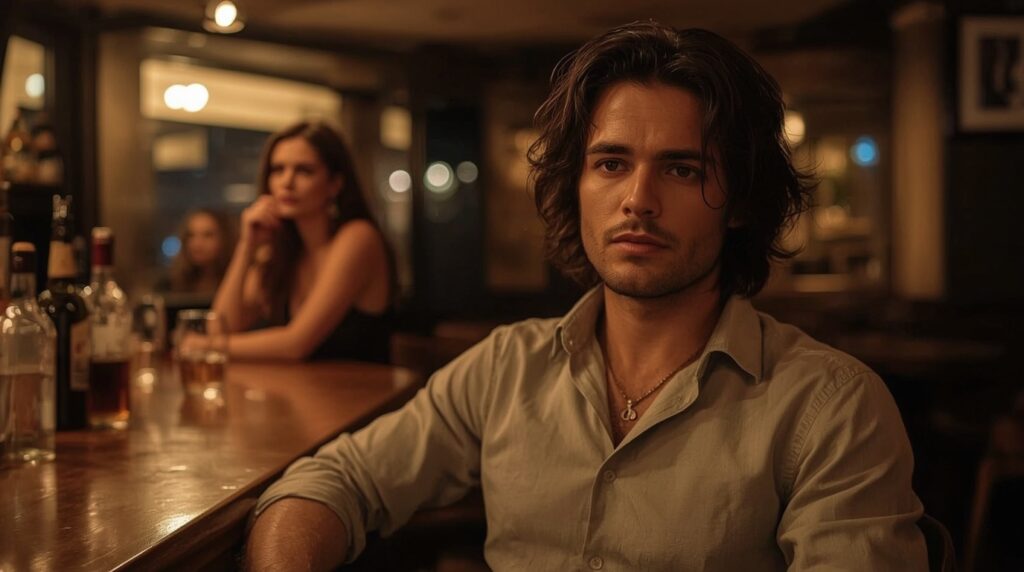 Selbstbewusster Mann mit ruhiger Ausstrahlung zieht unauffällig die Aufmerksamkeit einer Frau auf sich.