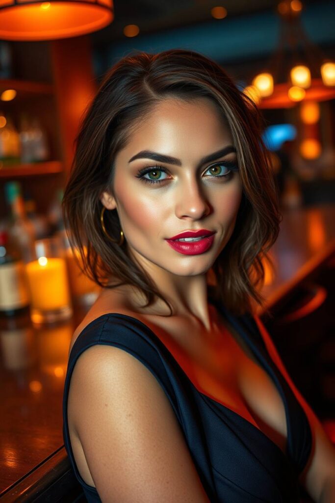 Attraktive Frau mit flirtendem Blick in eleganter Abendbar - die besten Sex-Apps für spontane Treffen 2
