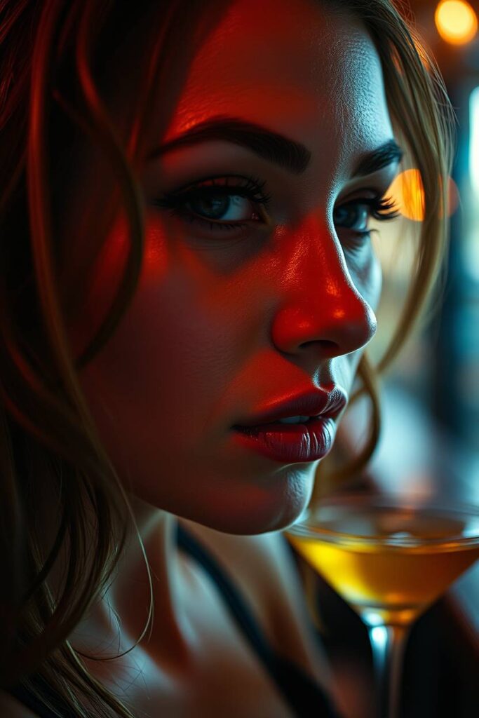 Attraktive Frau mit flirtendem Blick in eleganter Abendbar - die besten Sex-Apps für spontane Treffen