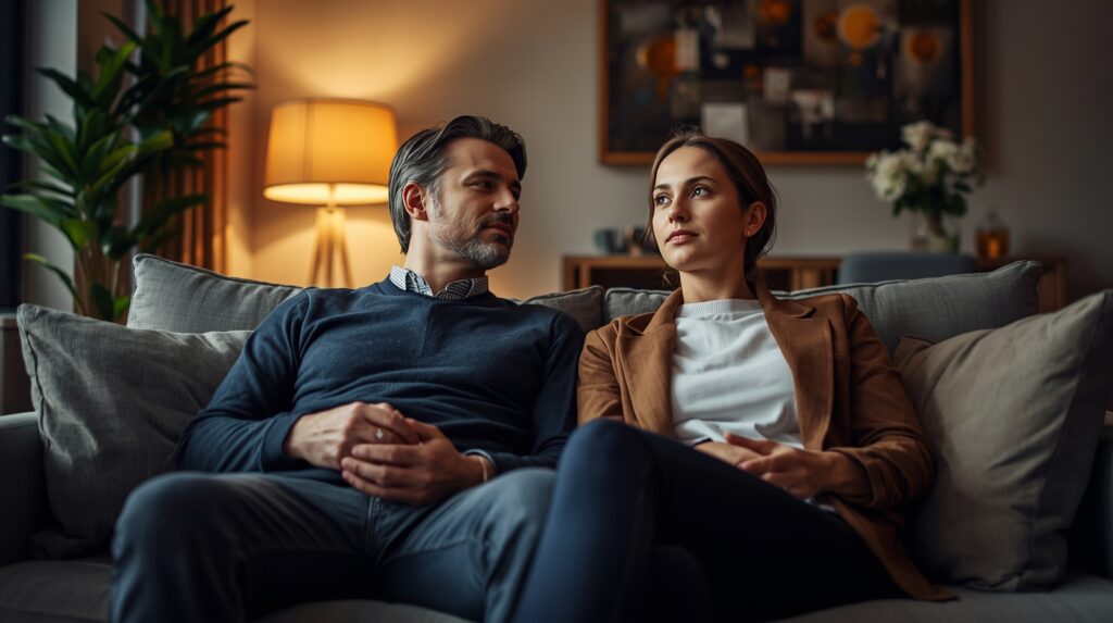 Das Bild stellt eine typische Kommunikationssituation dar, in der ein Paar Regeln und Grenzen für ein Hotwife-Date festlegt. Vertrauen, Offenheit und klare Absprachen stehen visuell im Mittelpunkt. Cuckold Training: Dein Weg zu echter Hingabe und Lust