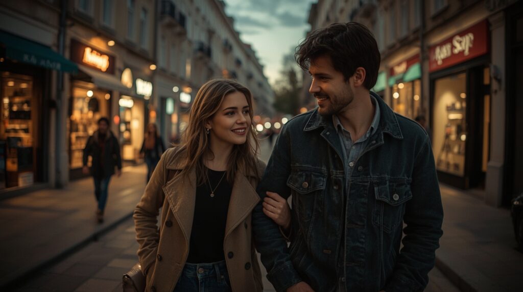 Attraktive Frau lächelt beim Spaziergang während eines Dates mit einem Mann - Diskrete Orte für Ficktreffen finden 2026: Dein Guide für geheime Sexdate-Locations