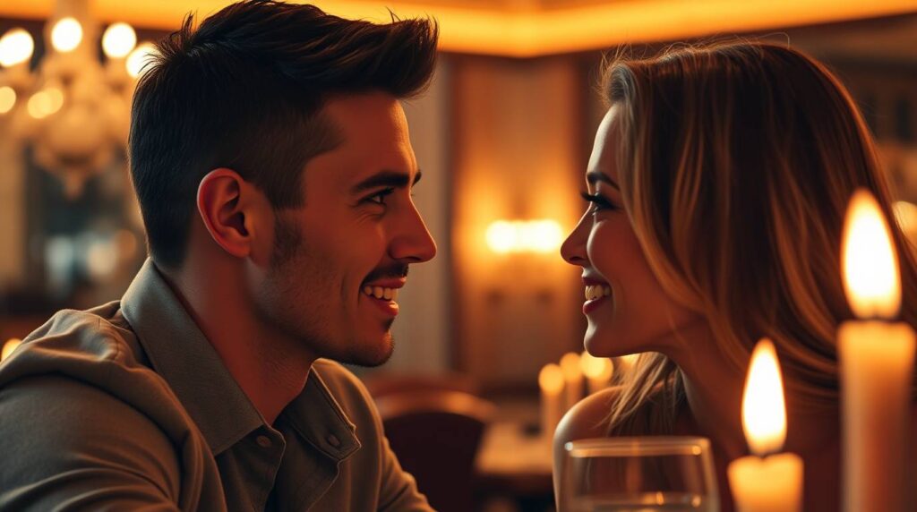 Diskrete Orte für Ficktreffen finden 2026: Dein Guide für geheime Sexdate-Locations - Attraktiver Mann hält intensiven Blickkontakt bei einem romantischen Date mit hübscher Frau
