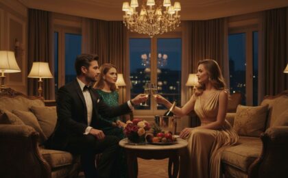 Dreier Sex organisieren: So wird dein Abenteuer zu dritt Realität - Mann mit zwei Frauen beim Champagner im Hotel, elegante Atmosphäre, Vorfreude auf mehr