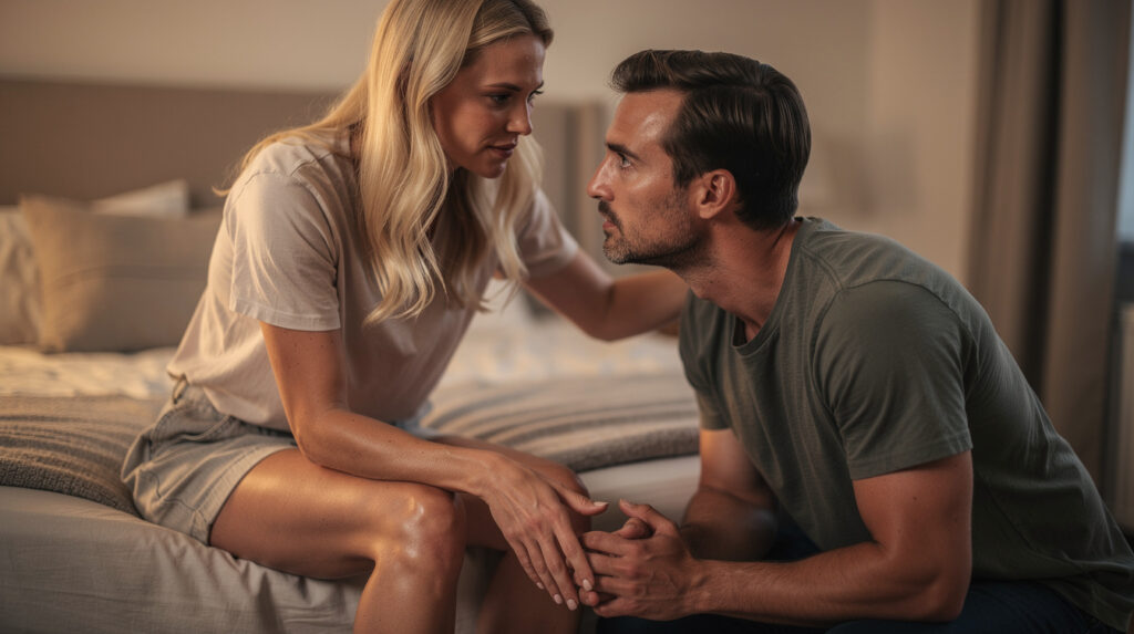 Cuckold Training: Dein Weg zu echter Hingabe und Lust - Blonde Frau beruhigt ihren devoten Mann