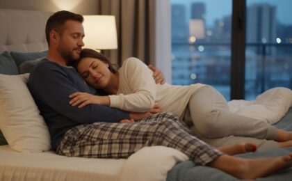 Stamina Sex: Wie du deine Ausdauer steigerst und länger durchhältst - Paar Positionswechsel (Löffelchen-Position, intim aber bekleidet)