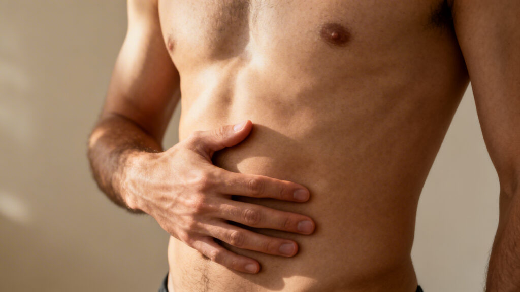Stamina Sex: Wie du deine Ausdauer steigerst und länger durchhältst - Closeup Bauchatmung (Hand auf Bauch, entspannte Pose)
