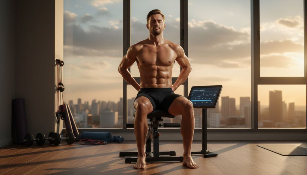 Mann trainiert PC-Muskel (enge Unterhose, konzentrierte Pose), Fitness-Stimmung - Stamina Sex: Wie du deine Ausdauer steigerst und länger durchhältst