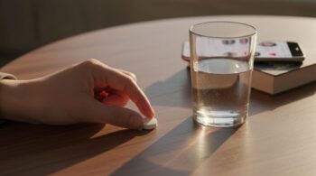 Hand legt Tablette neben Glas Wasser mit unscharfem Smartphone im Hintergrund - PrEP vor Sexdates 2026: Warum smarte Männer vorher planen