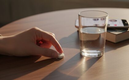 Hand legt Tablette neben Glas Wasser mit unscharfem Smartphone im Hintergrund - PrEP vor Sexdates 2026: Warum smarte Männer vorher planen