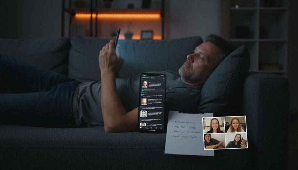 Profillügen im Sex-Dating 2026: Fakes erkennen, bevor du Zeit verschwendest - Nachtstunde auf dem Sofa mit Fakes und echten Profillügen im Sex‑Dating 2026