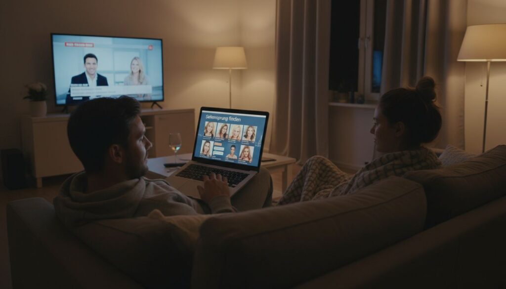 Mann auf dem Sofa mit versteckter Affären‑Suche im Hintergrund - Seitensprung finden 2026: Diskrete Sex-Abenteuer für Männer im DACH-Raum