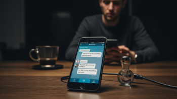 Ist Flirten schon Fremdgehen? Chat mit erotischen Nachrichten und Ehering auf dem Tisch