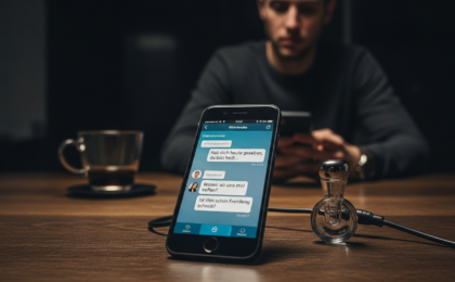 Ist Flirten schon Fremdgehen? Chat mit erotischen Nachrichten und Ehering auf dem Tisch