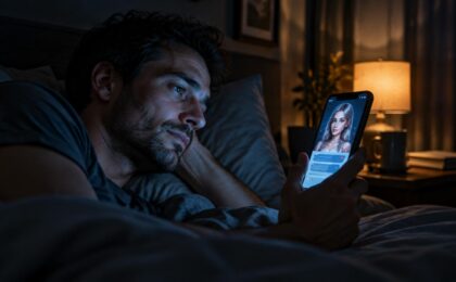 Sexchat mit KI: Warum virtuelle Frauen für Männer immer beliebter werden 1 Sexchat mit KI: Warum virtuelle Frauen für Männer immer beliebter werden - Mann chattet nachts mit einer virtuellen Frau in einem KI-Sexchat